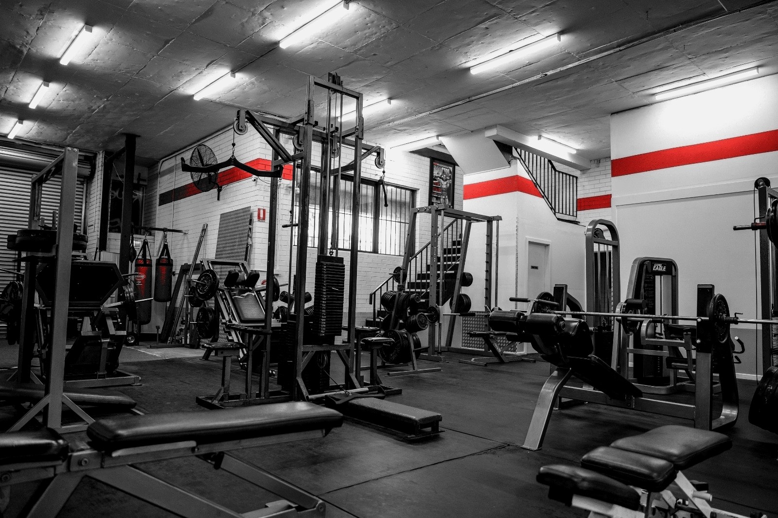 Body Matrix gym floor — heavy bag and racks